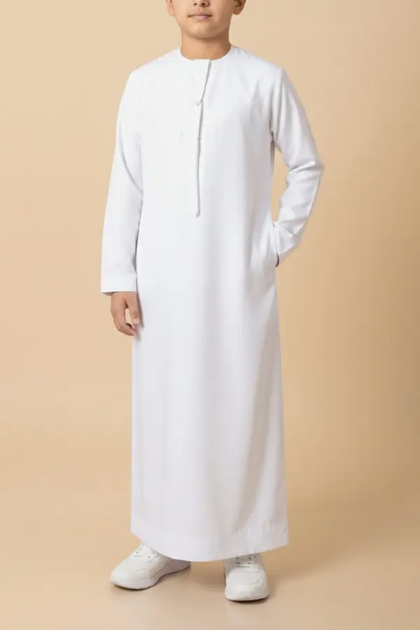Premium Pure White Emirati Kids Thobe with Elegant V-Stitch & Tassel - Image 4 - Ruby Online