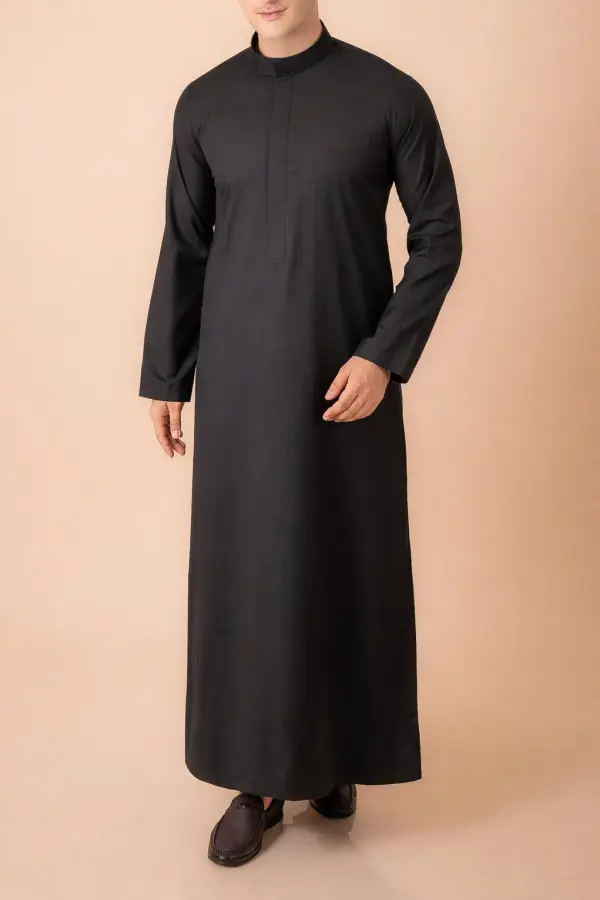 Premium Jet Black Minimalist Emirati Thobe with Concealed Placket - Image 2 - Ruby Online
