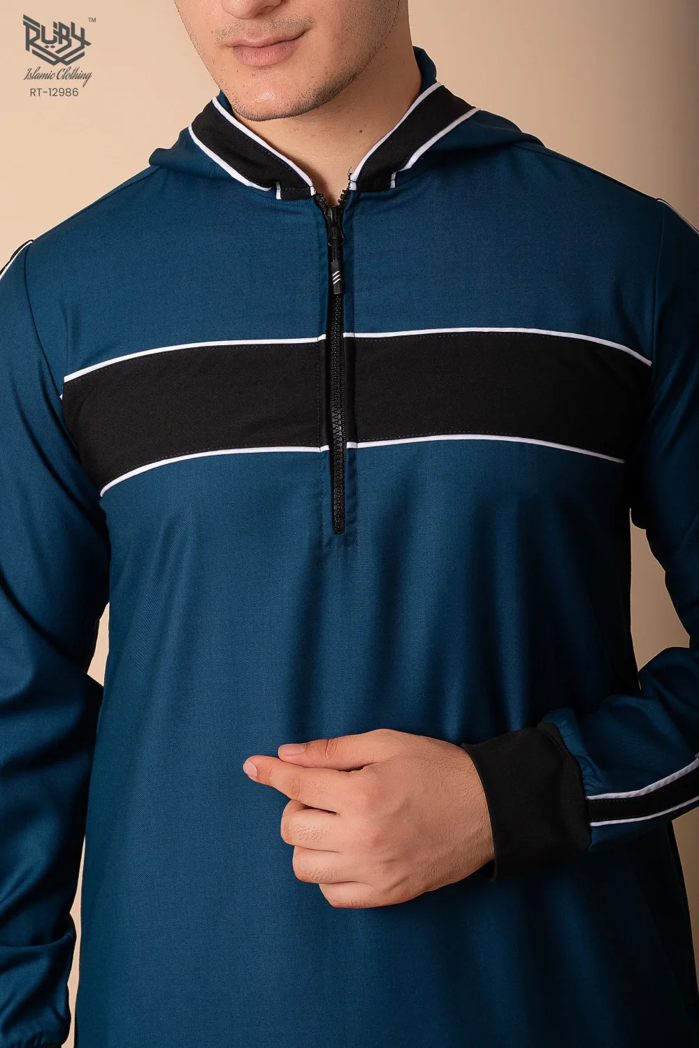 Men’s Teal Blue Hooded Thobe with Black Panel & White Stripe Accents - Image 4 - Ruby Online