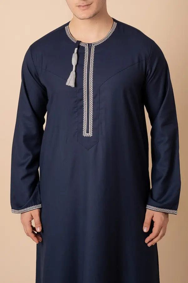 Navy Blue Omani Thobe with silver grey Geometric Embroidery & Tassel - Image 4 - Ruby Online