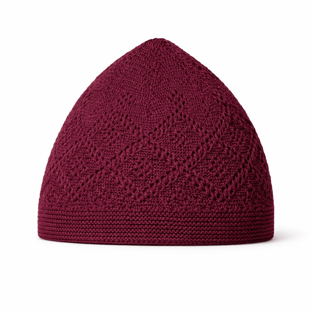 Premium Maroon Knitted Kufi Prayer Cap for Men – Breathable Diamond Openwork Islamic Skull Cap - Image 3 - Ruby Online