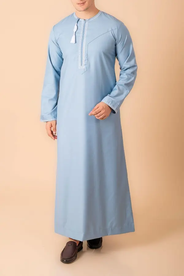 Light Sky Blue Omani Thobe with White Loop Embroidery & Tassel