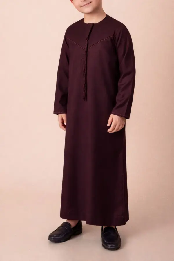 Luxury Deep Maroon Emirati Kids Thobe with V-Stitch Panel & Tassel - Image 2 - Ruby Online