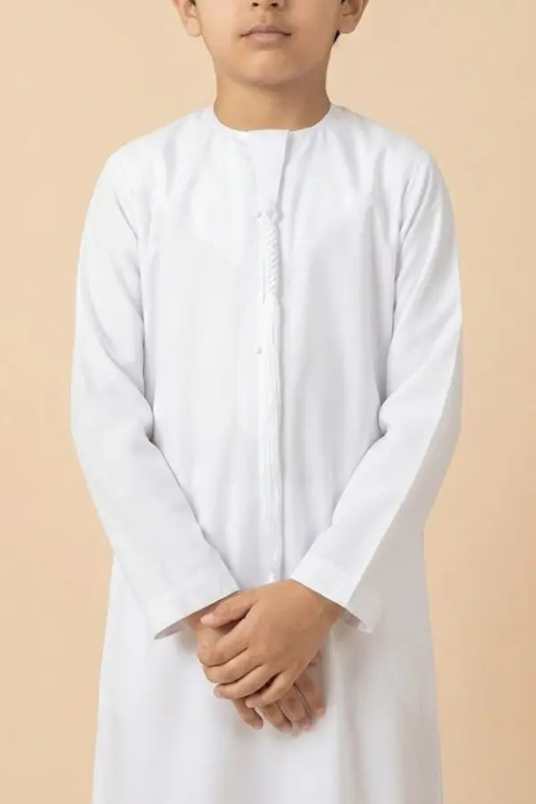 Premium Pure White Emirati Kids Thobe with Elegant V-Stitch & Tassel - Image 5 - Ruby Online