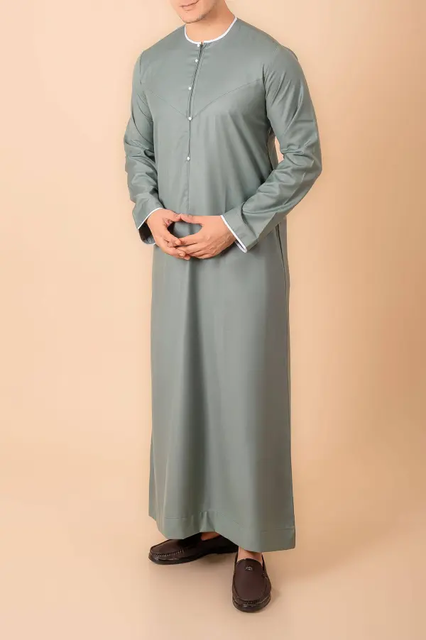Premium Sage Green Emirati Thobe for Men with White Contrast Piping & Modern Panel Cut - Image 2 - Ruby Online