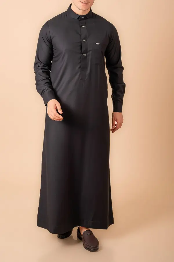 Luxury Deep Black Designer Thobe for Men with Gunmetal Button Placket & Modern Band Collar