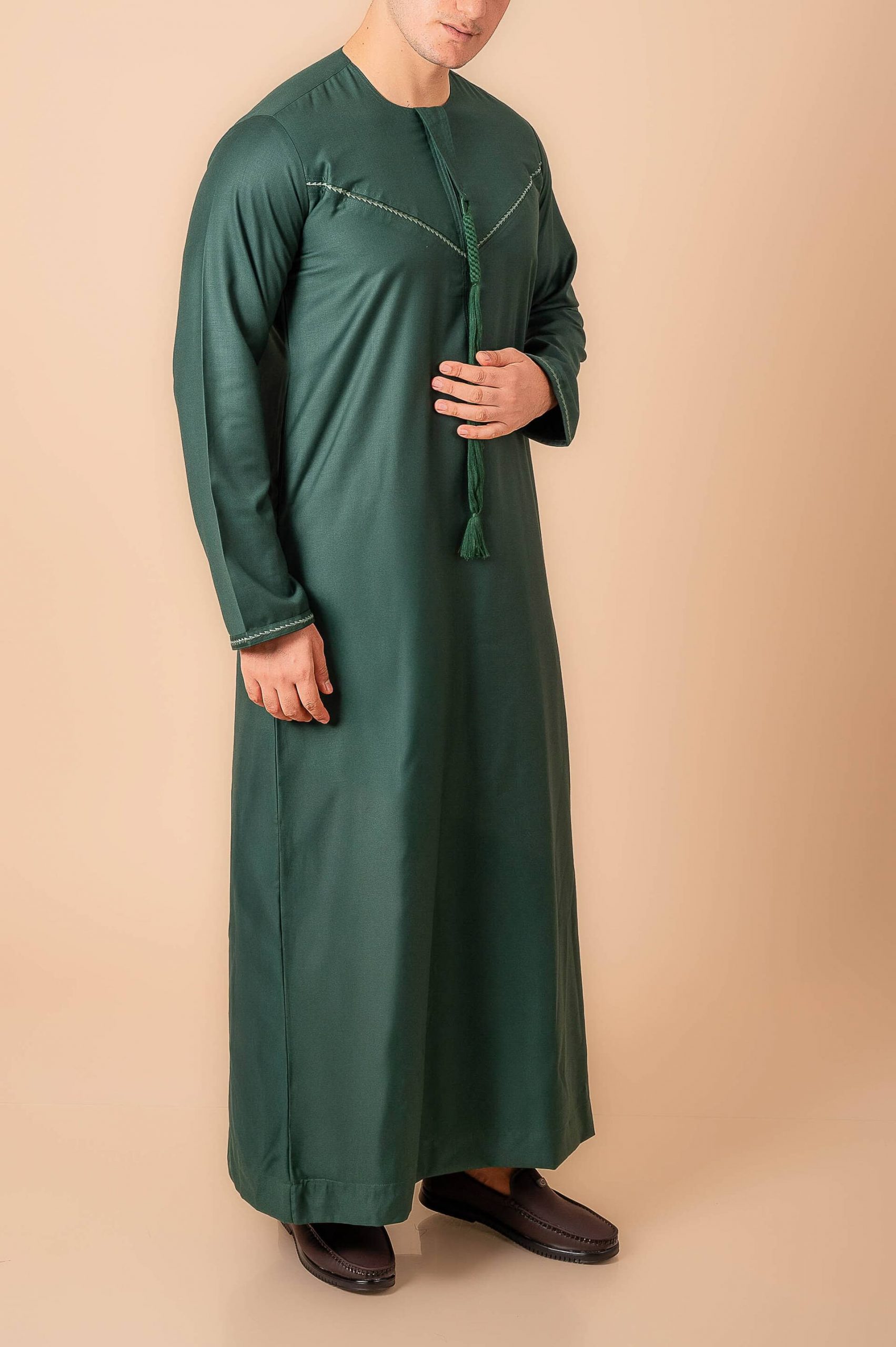 Premium Deep Emerald Green Emirati Tassel Thobe for Men – Light Sage Braided Front Kandura - Image 7 - Ruby Online