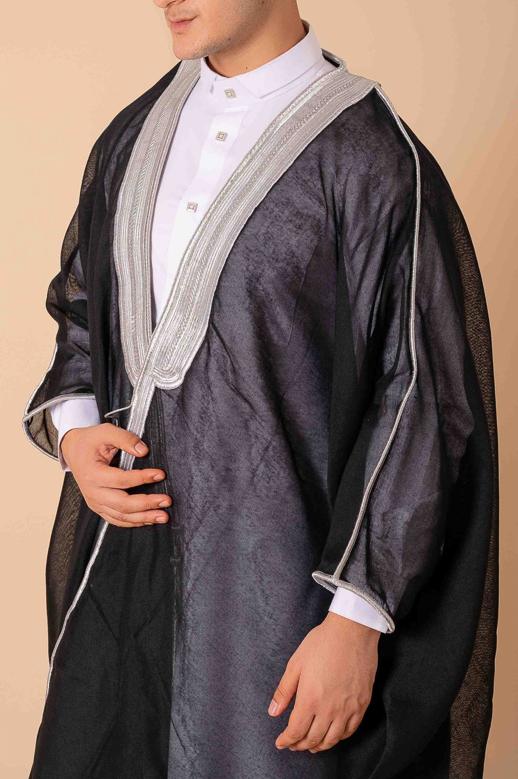 Royal Prestige Black Arabic Bisht for Men with Intricate Silver Zari Border – Premium Lightweight Open-Front Luxury Cloak - Image 8 - Ruby Online
