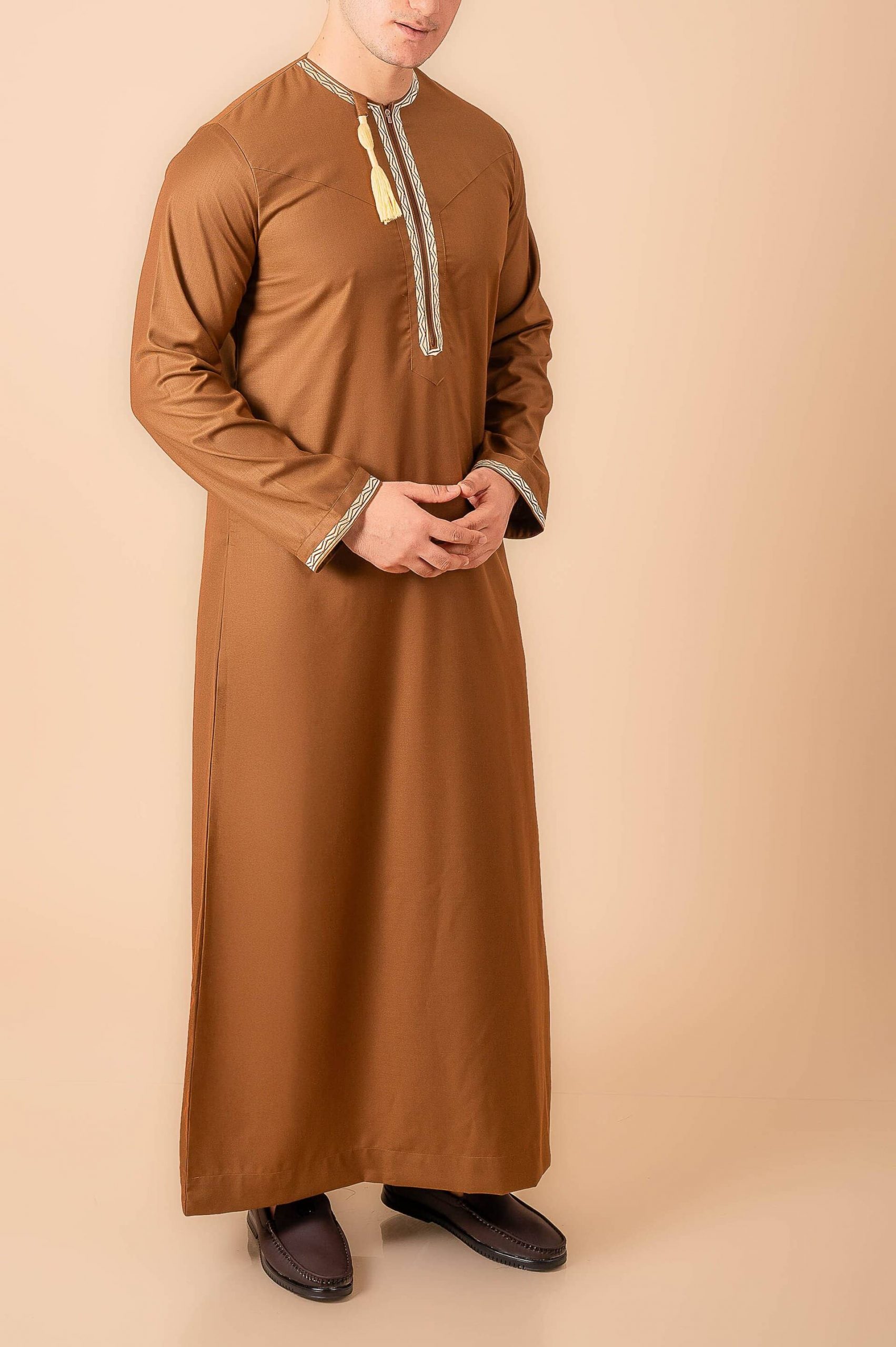 Coffee Brown Omani Thobe with Beige Geometric Embroidery & Tassel - Image 5 - Ruby Online