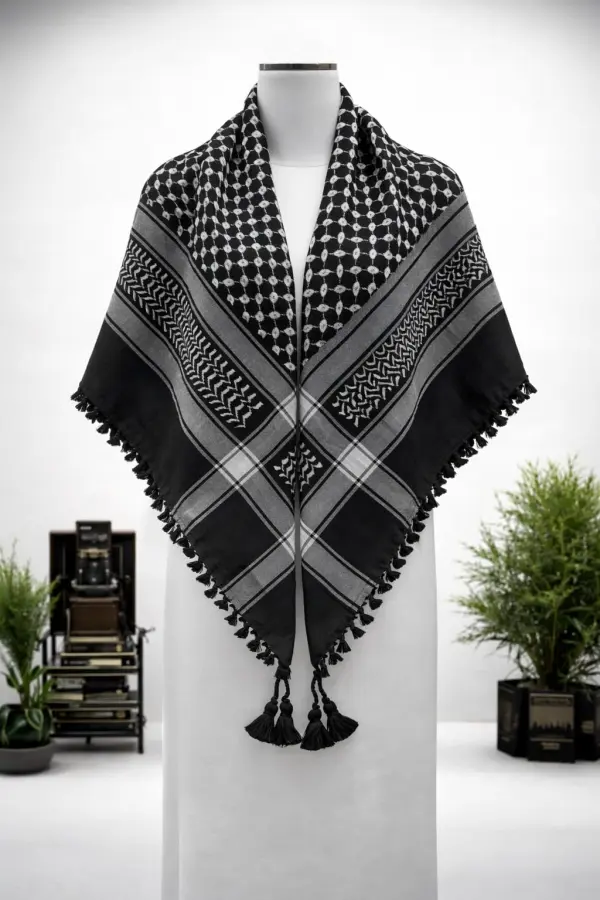 Premium Black Traditional Arab Shemagh Keffiyeh Scarf with Tassel Border - Image 2 - Ruby Online