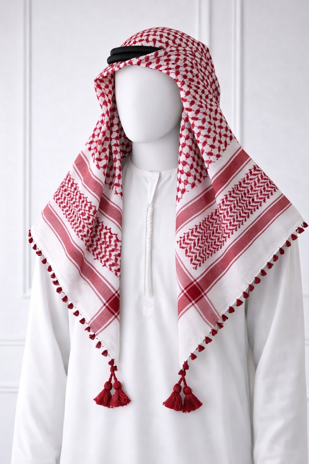 Premium Wine Red Traditional Arab Shemagh Keffiyeh Scarf with Tassel Border - Image 4 - Ruby Online