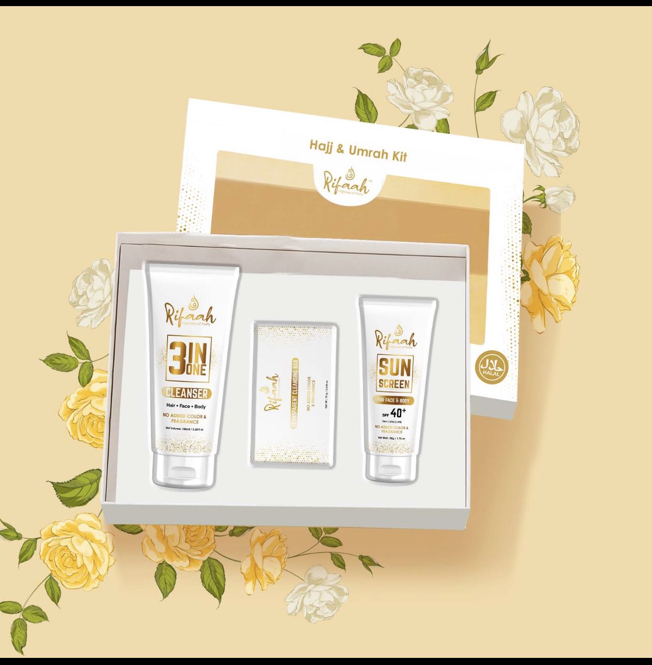 Rifaah Hajj & Umrah Travel Kit with 3-in-1 Cleanser, SPF 40+ Sunscreen & Transparent Cleansing Bar – White & Gold Halal Personal Care Set - Image 14 - Ruby Online
