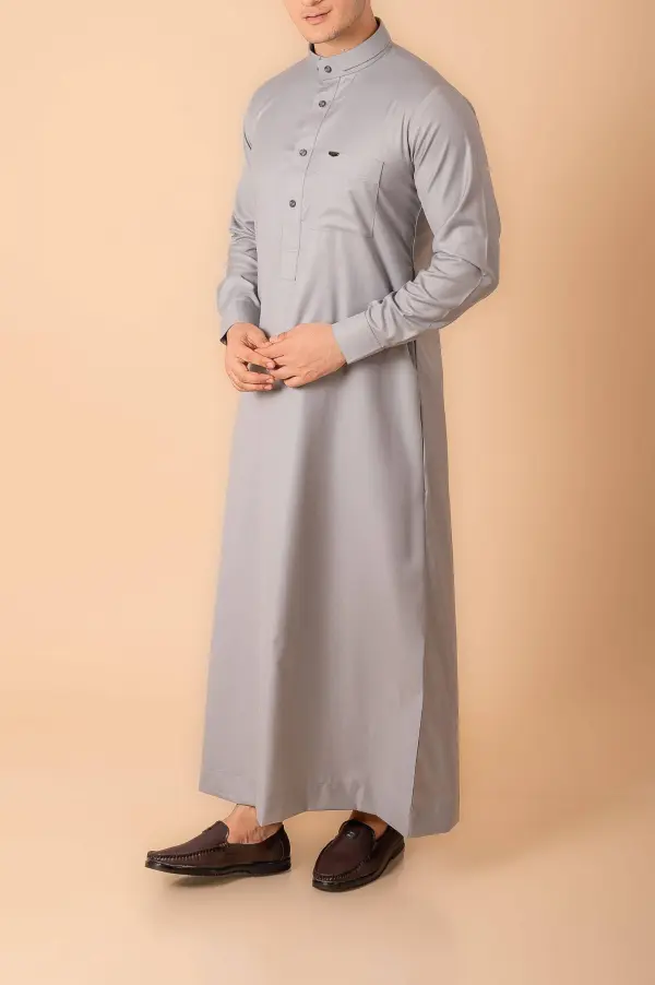 Premium Light Grey Minimalist Band-Collar Designer Thobe for Men with Metal Button Detail - Image 3 - Ruby Online