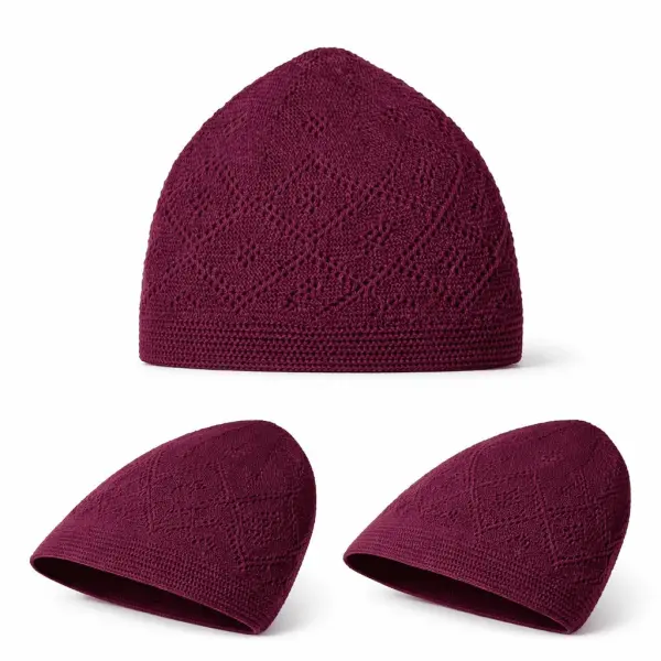 Premium Maroon Knitted Kufi Prayer Cap for Men – Breathable Diamond Openwork Islamic Skull Cap - Image 2 - Ruby Online