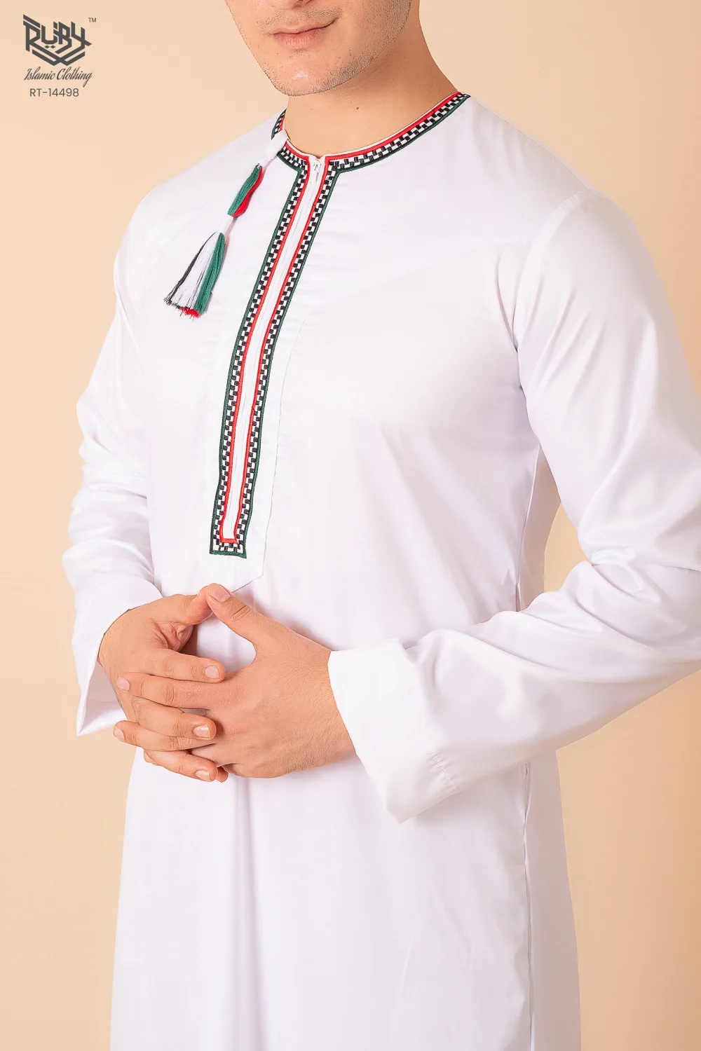White Omani Thobe with Tricolor Embroidered Placket & Tassel - Image 5 - Ruby Online