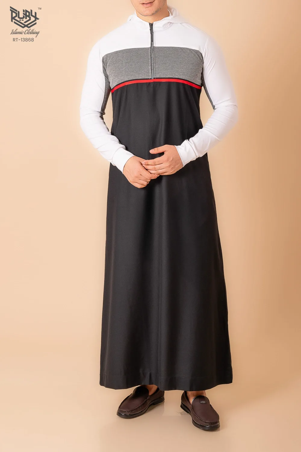 Men’s Black Hooded Thobe with White Sleeves & Red Stripe Panel