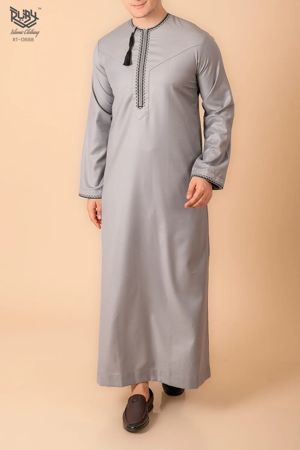Light Ash Grey Omani Thobe with Black Loop Embroidery & Tassel