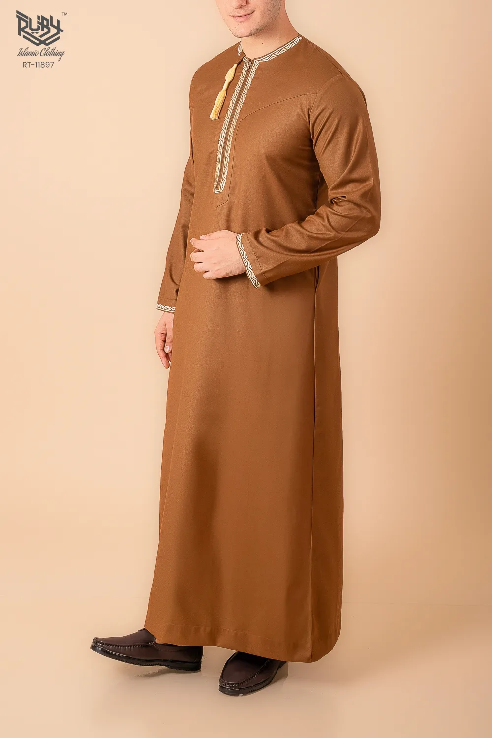 Coffee Brown Omani Thobe with Beige Geometric Embroidery & Tassel - Image 3 - Ruby Online