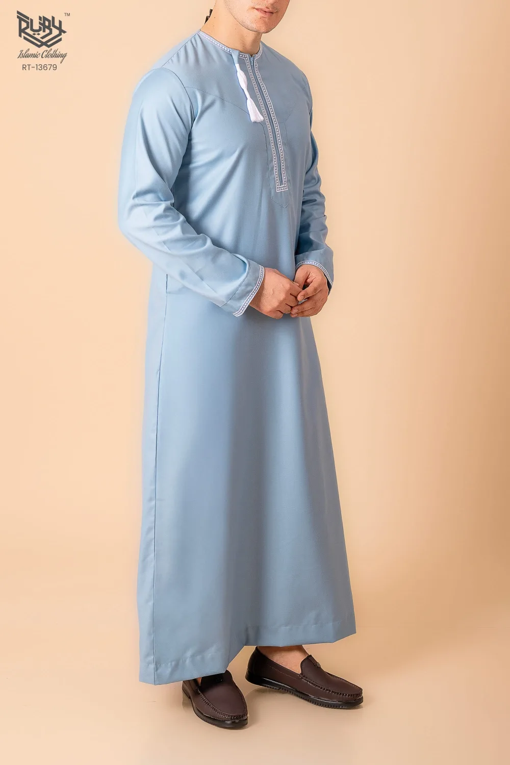 Light Sky Blue Omani Thobe with White Loop Embroidery & Tassel - Image 3 - Ruby Online