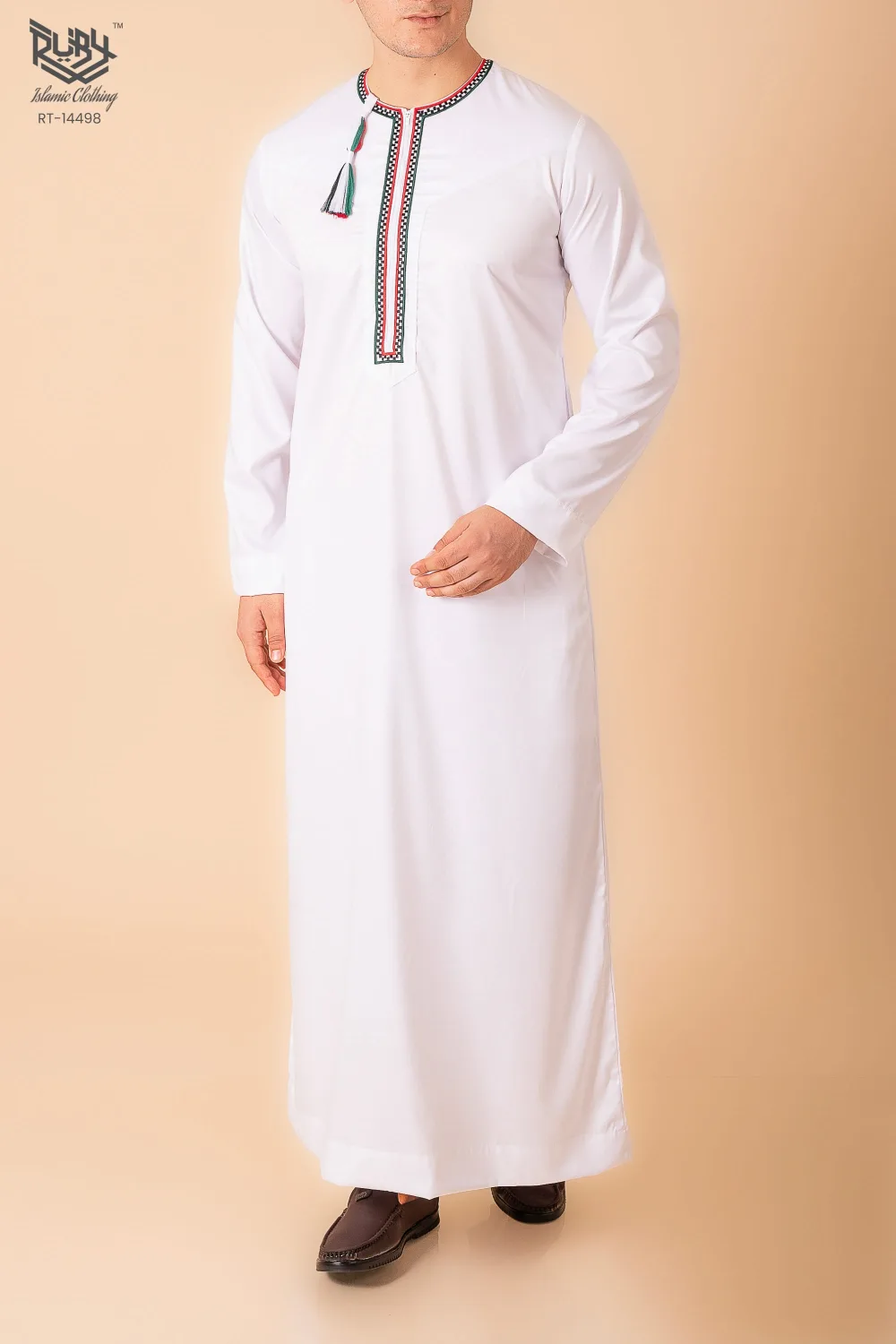 White Omani Thobe with Tricolor Embroidered Placket & Tassel