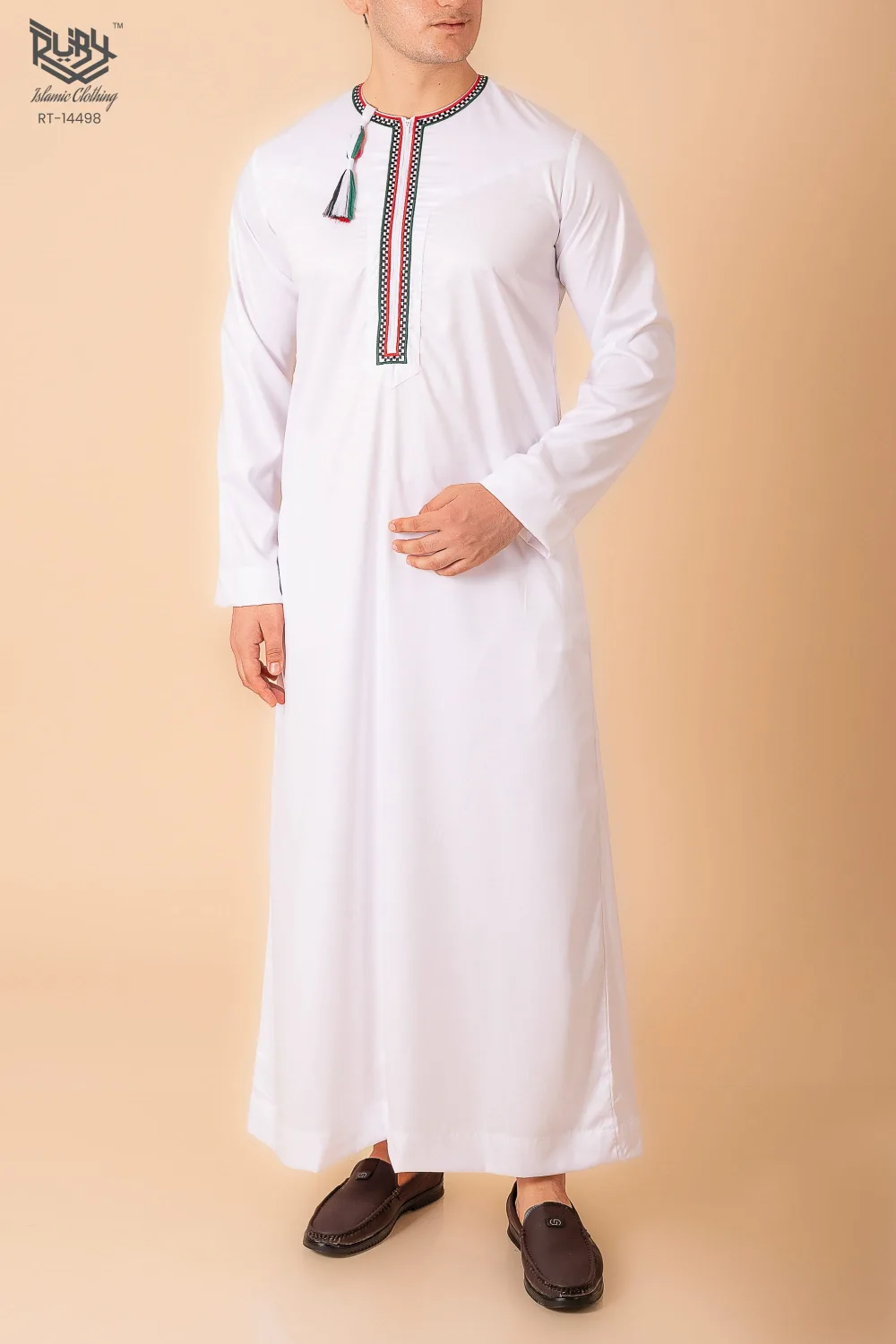 White Omani Thobe with Tricolor Embroidered Placket & Tassel - Image 2 - Ruby Online