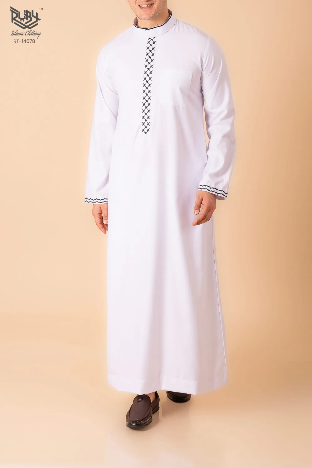 Men’s Classic White Thobe with Black Lattice Embroidery Strip & Contrast Cuff Trim