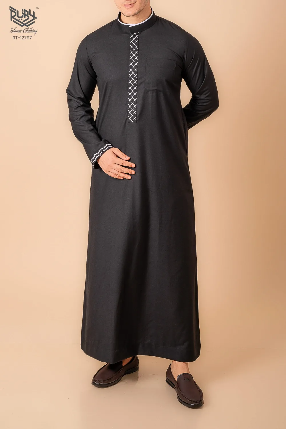 Jet Black Men’s Thobe with White Geometric Lattice Embroidered Placket & Cuff Borders - Image 2 - Ruby Online
