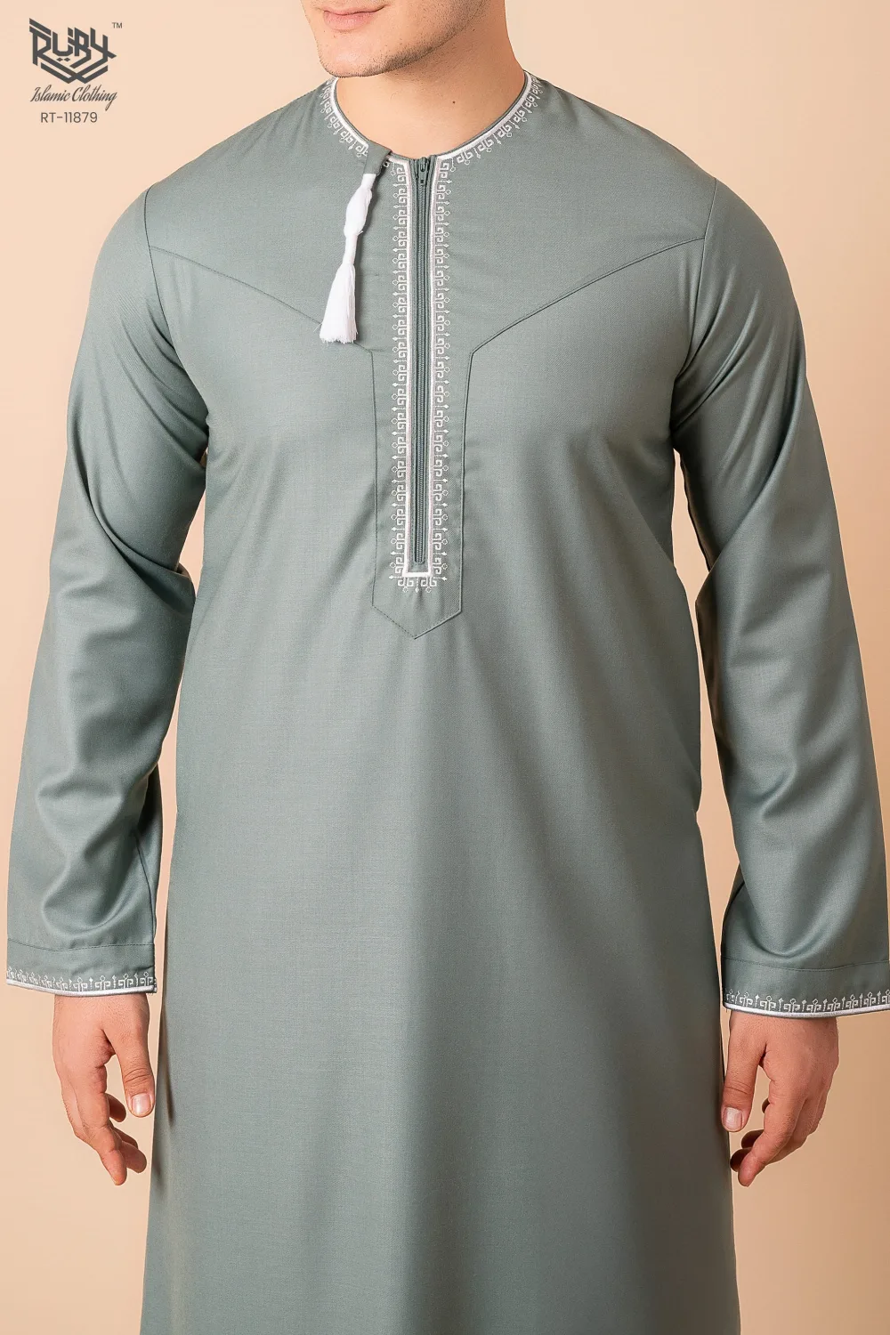 Sage Green Omani Thobe with Beige Geometric Embroidery & Tassel - Image 4 - Ruby Online