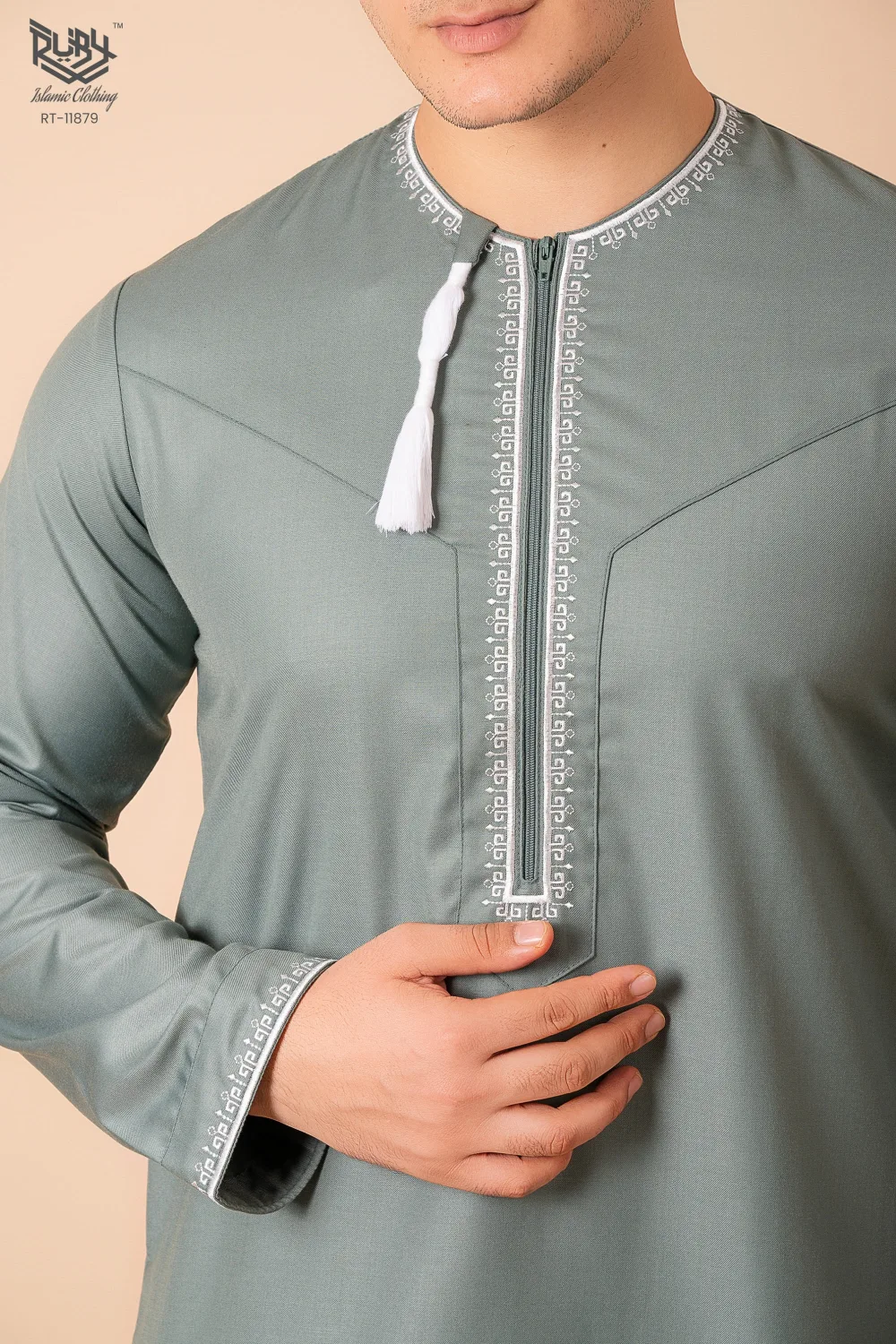 Sage Green Omani Thobe with Beige Geometric Embroidery & Tassel - Image 5 - Ruby Online