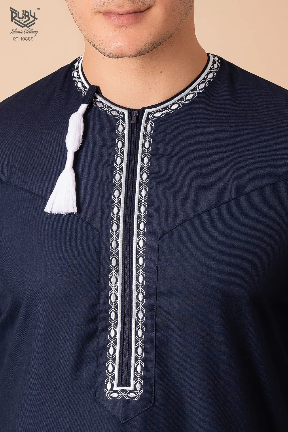 Navy Blue Omani Thobe with silver grey Geometric Embroidery & Tassel - Image 3 - Ruby Online