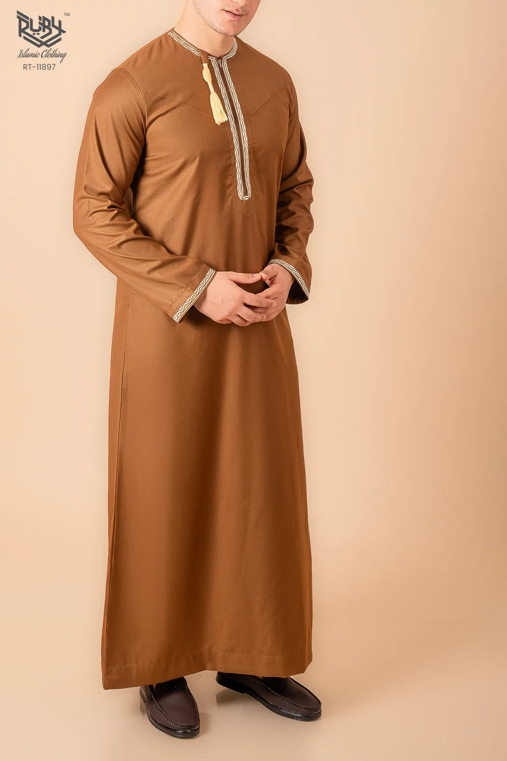 Coffee Brown Omani Thobe with Beige Geometric Embroidery & Tassel - Image 4 - Ruby Online