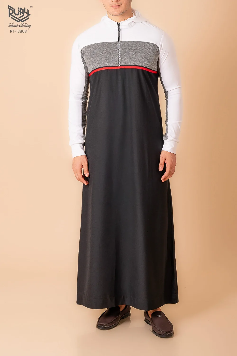 Men’s Black Hooded Thobe with White Sleeves & Red Stripe Panel - Image 3 - Ruby Online