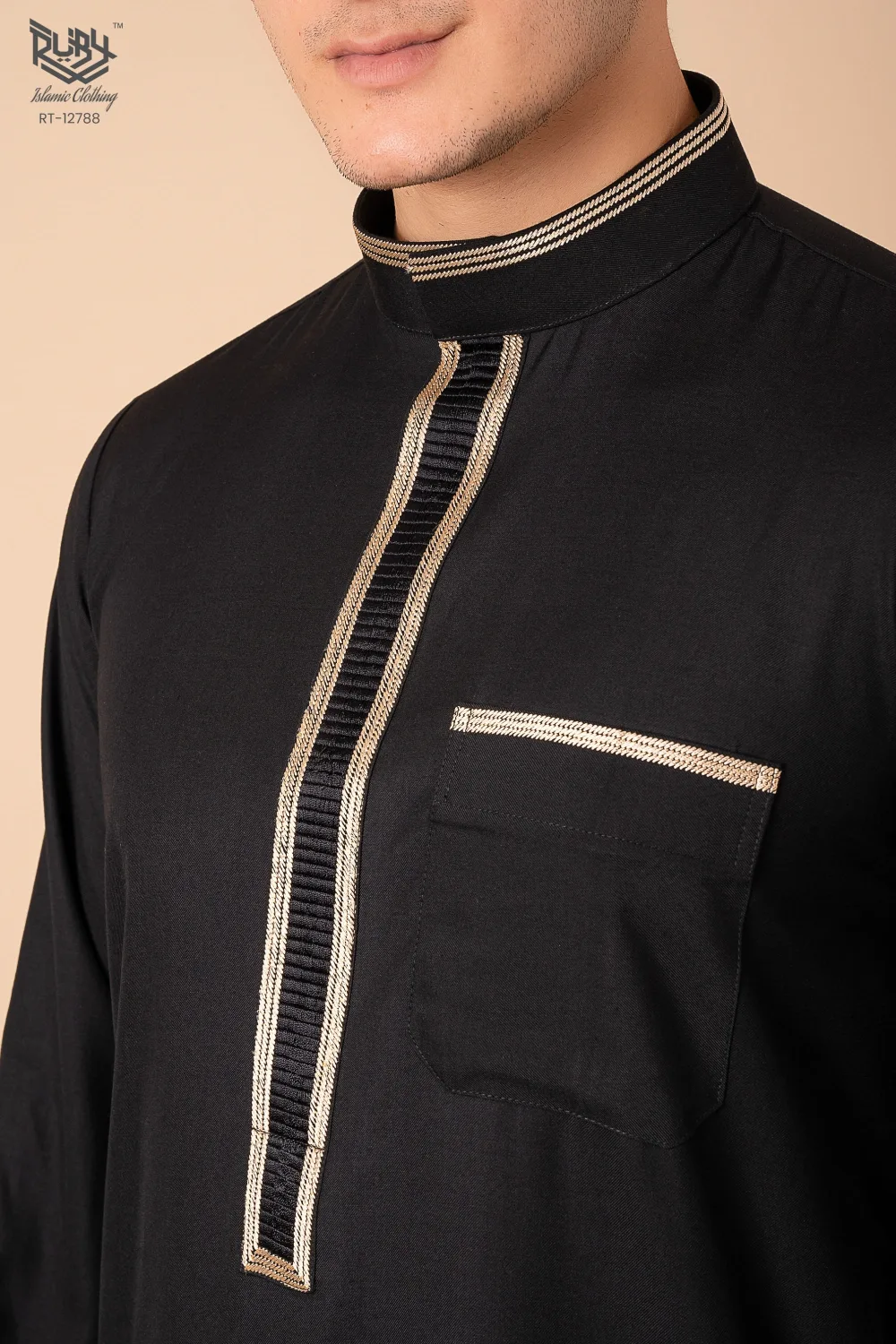 Jet Black Men’s Thobe with Gold Contrast Placket & Pocket Trim - Image 5 - Ruby Online
