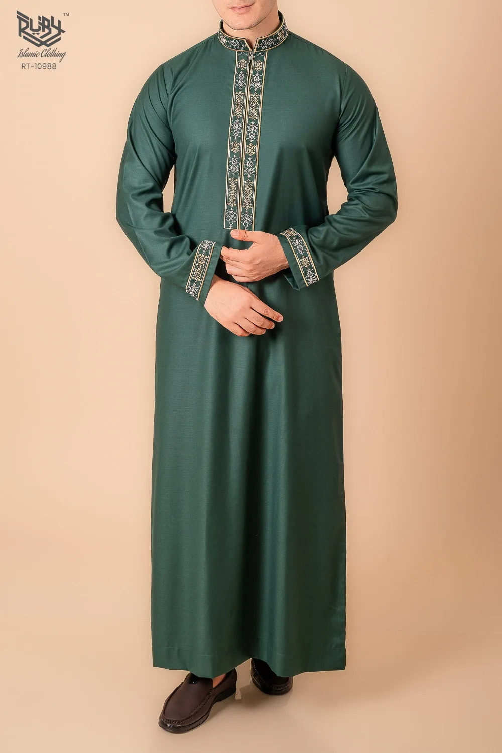 Emerald Green Men’s Thobe with Gold Floral Embroidery Placket & Cuff Borders - Image 2 - Ruby Online