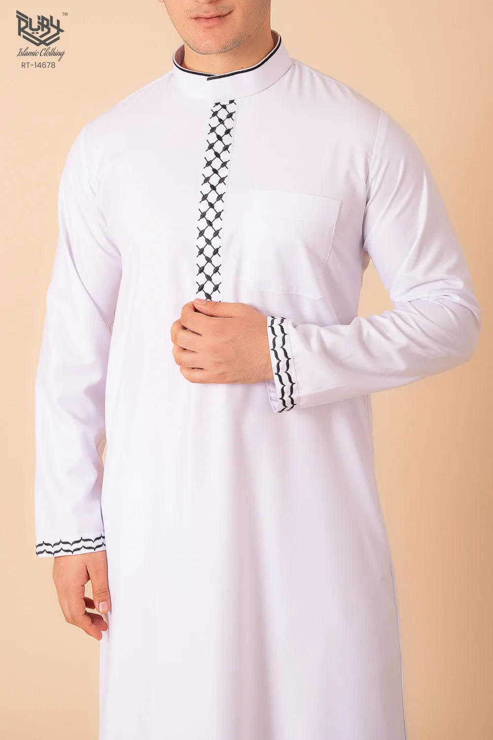 Men’s Classic White Thobe with Black Lattice Embroidery Strip & Contrast Cuff Trim - Image 4 - Ruby Online
