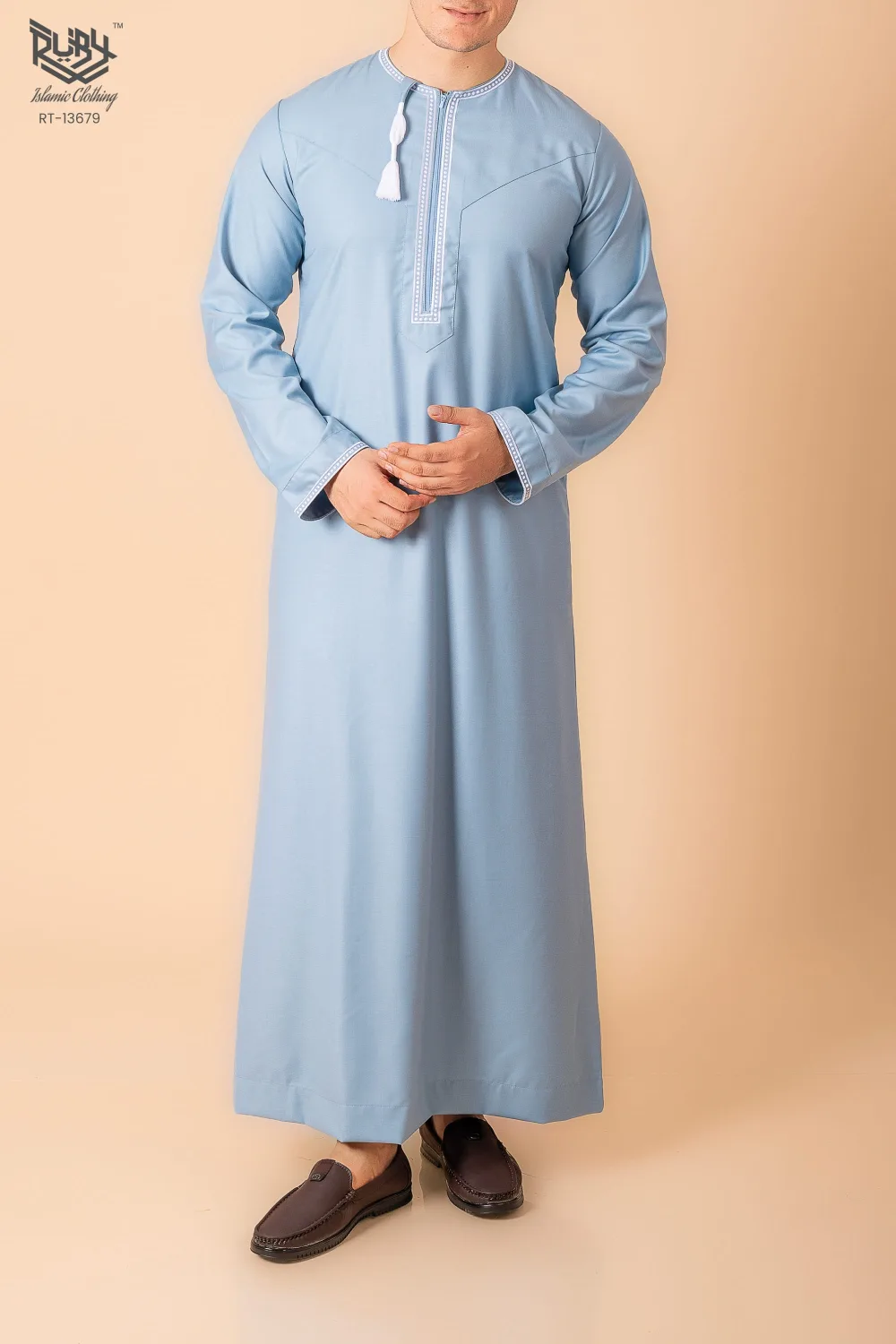 Light Sky Blue Omani Thobe with White Loop Embroidery & Tassel - Image 2 - Ruby Online