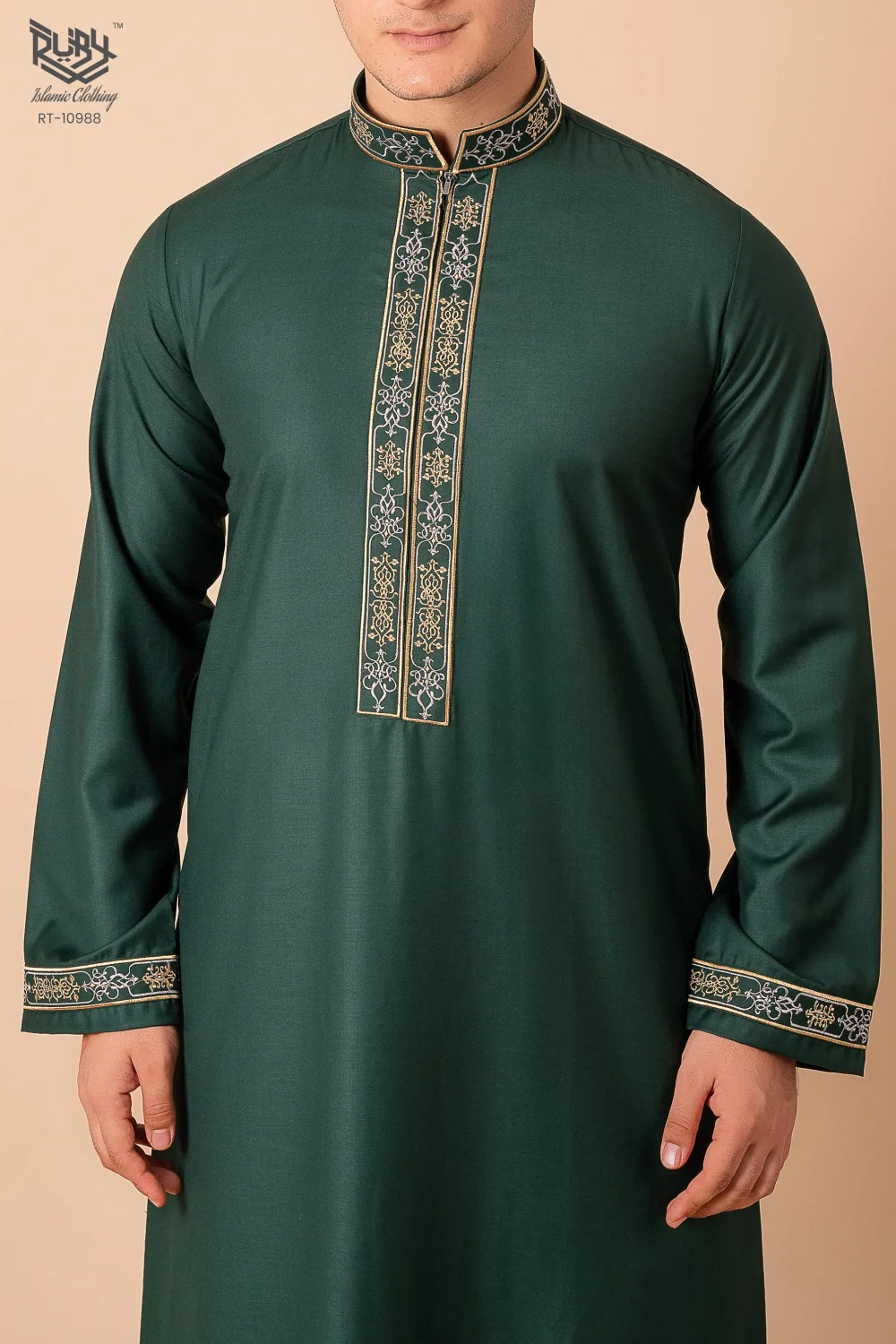 Emerald Green Men’s Thobe with Gold Floral Embroidery Placket & Cuff Borders - Image 4 - Ruby Online