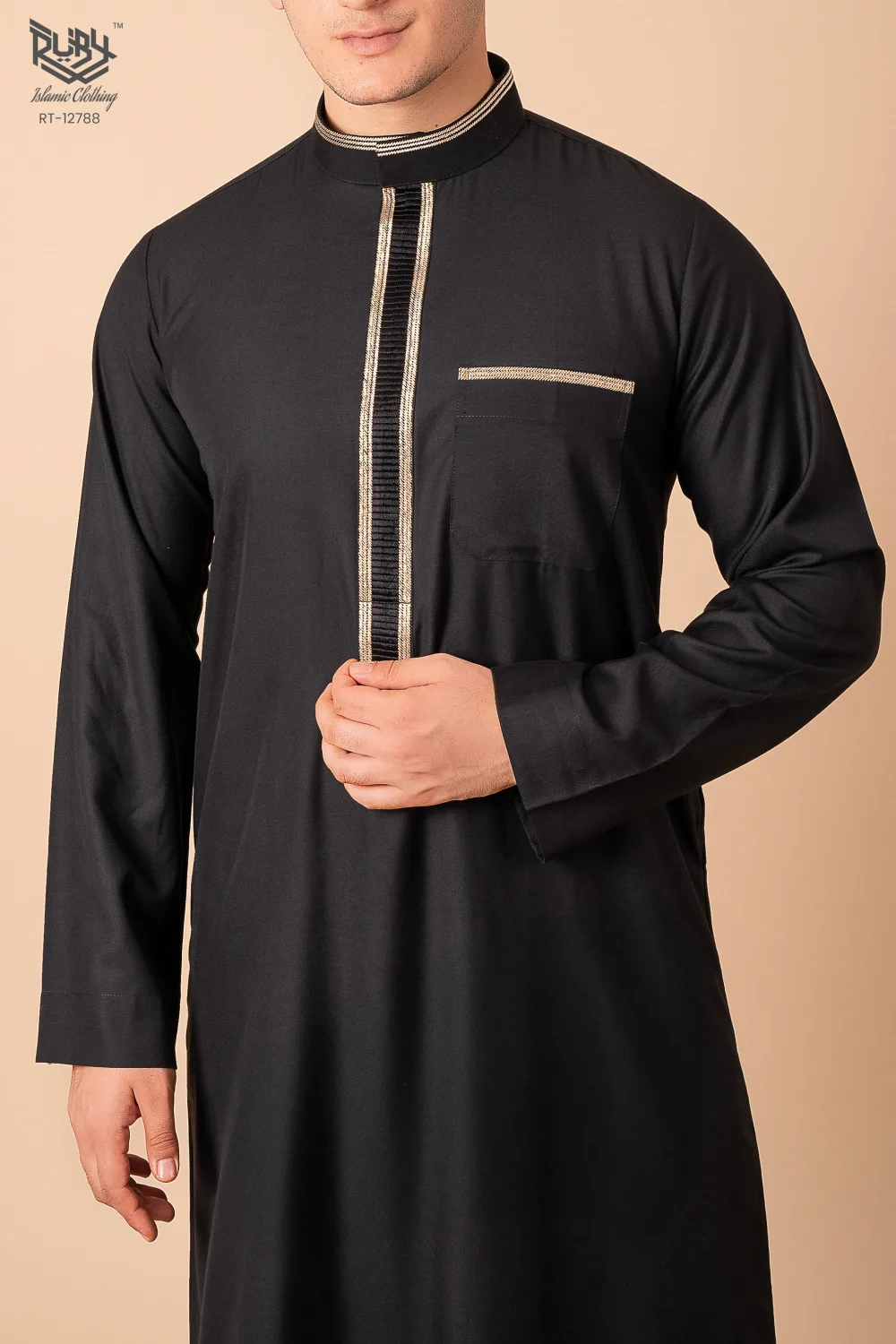 Jet Black Men’s Thobe with Gold Contrast Placket & Pocket Trim - Image 4 - Ruby Online