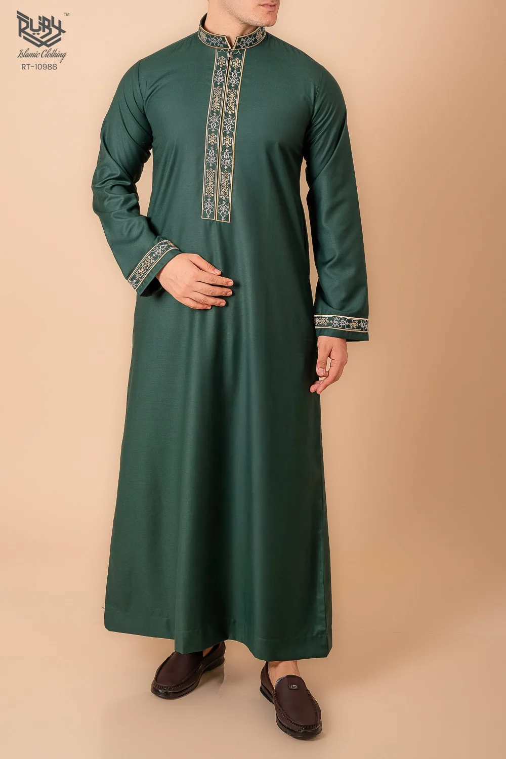 Emerald Green Men’s Thobe with Gold Floral Embroidery Placket & Cuff Borders - Image 3 - Ruby Online