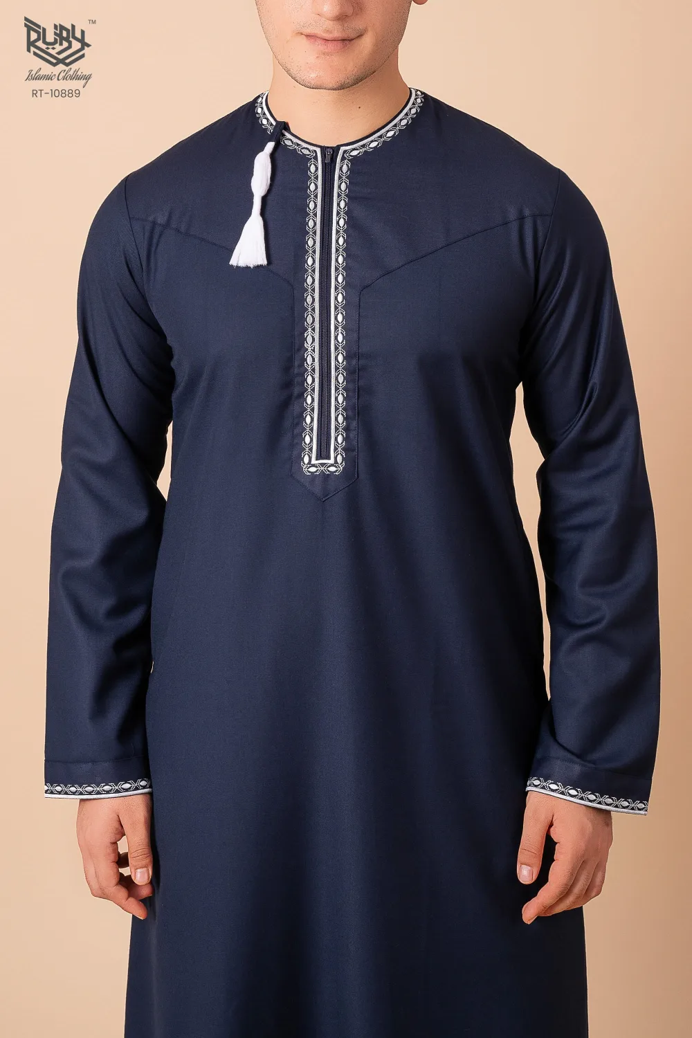 Navy Blue Omani Thobe with silver grey Geometric Embroidery & Tassel - Image 5 - Ruby Online