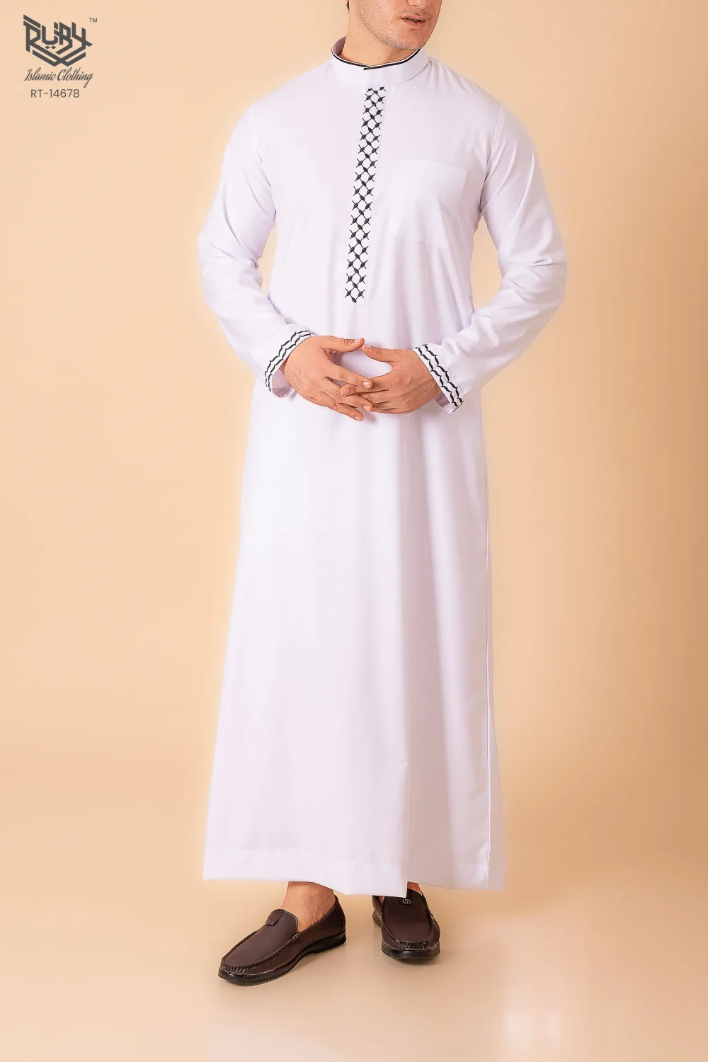 Men’s Classic White Thobe with Black Lattice Embroidery Strip & Contrast Cuff Trim - Image 2 - Ruby Online