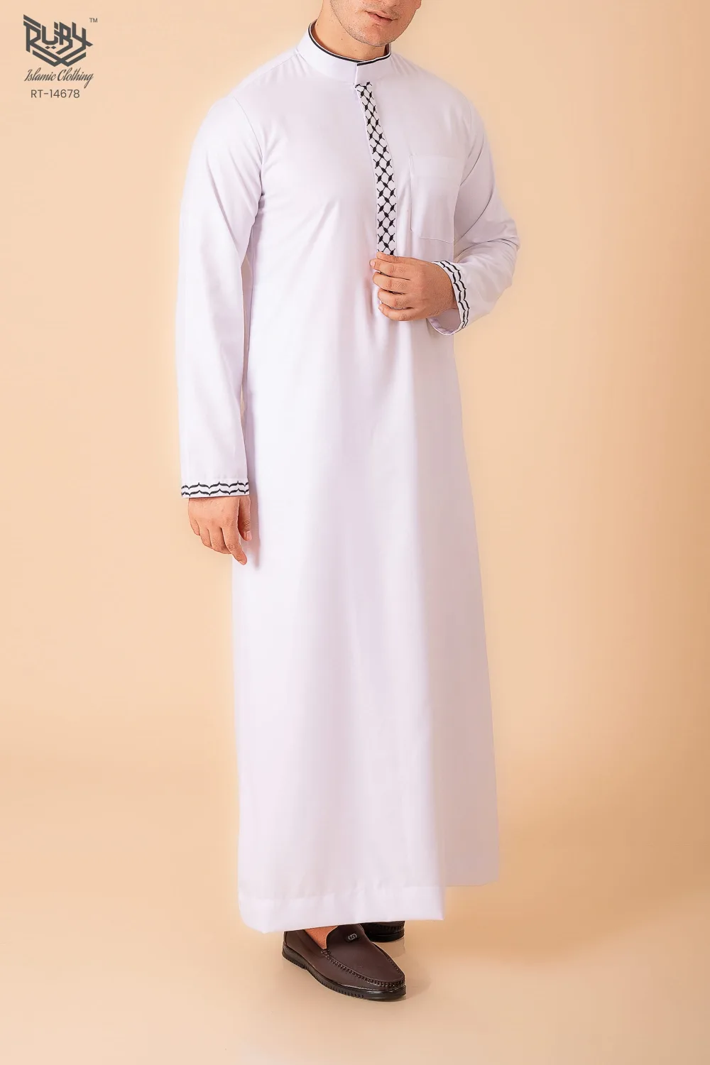 Men’s Classic White Thobe with Black Lattice Embroidery Strip & Contrast Cuff Trim - Image 3 - Ruby Online