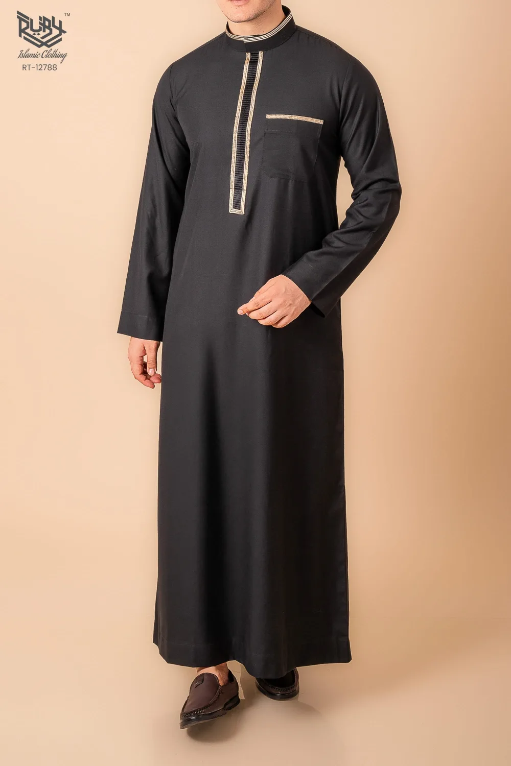 Jet Black Men’s Thobe with Gold Contrast Placket & Pocket Trim