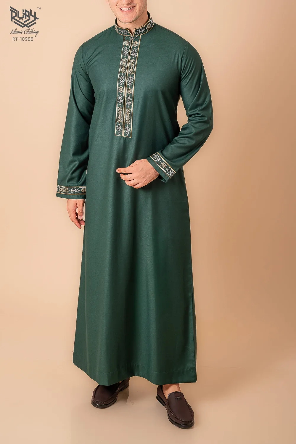Emerald Green Men’s Thobe with Gold Floral Embroidery Placket & Cuff Borders