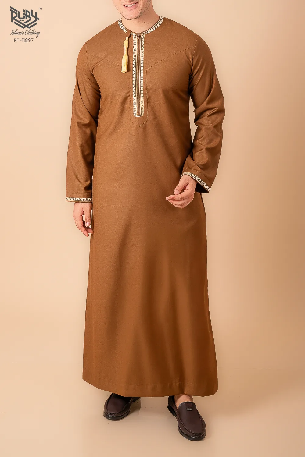 Coffee Brown Omani Thobe with Beige Geometric Embroidery & Tassel - Image 2 - Ruby Online