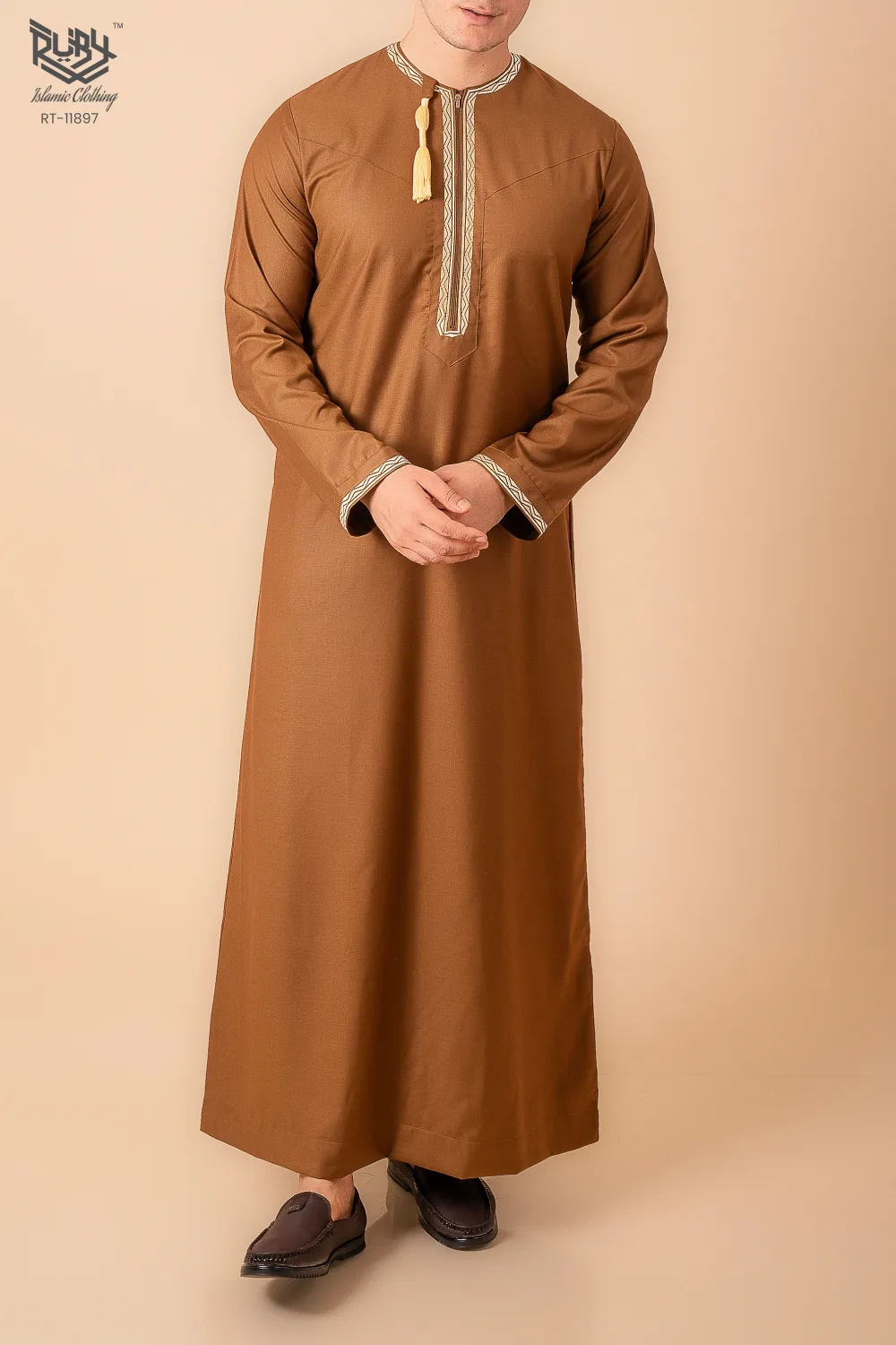 Coffee Brown Omani Thobe with Beige Geometric Embroidery & Tassel