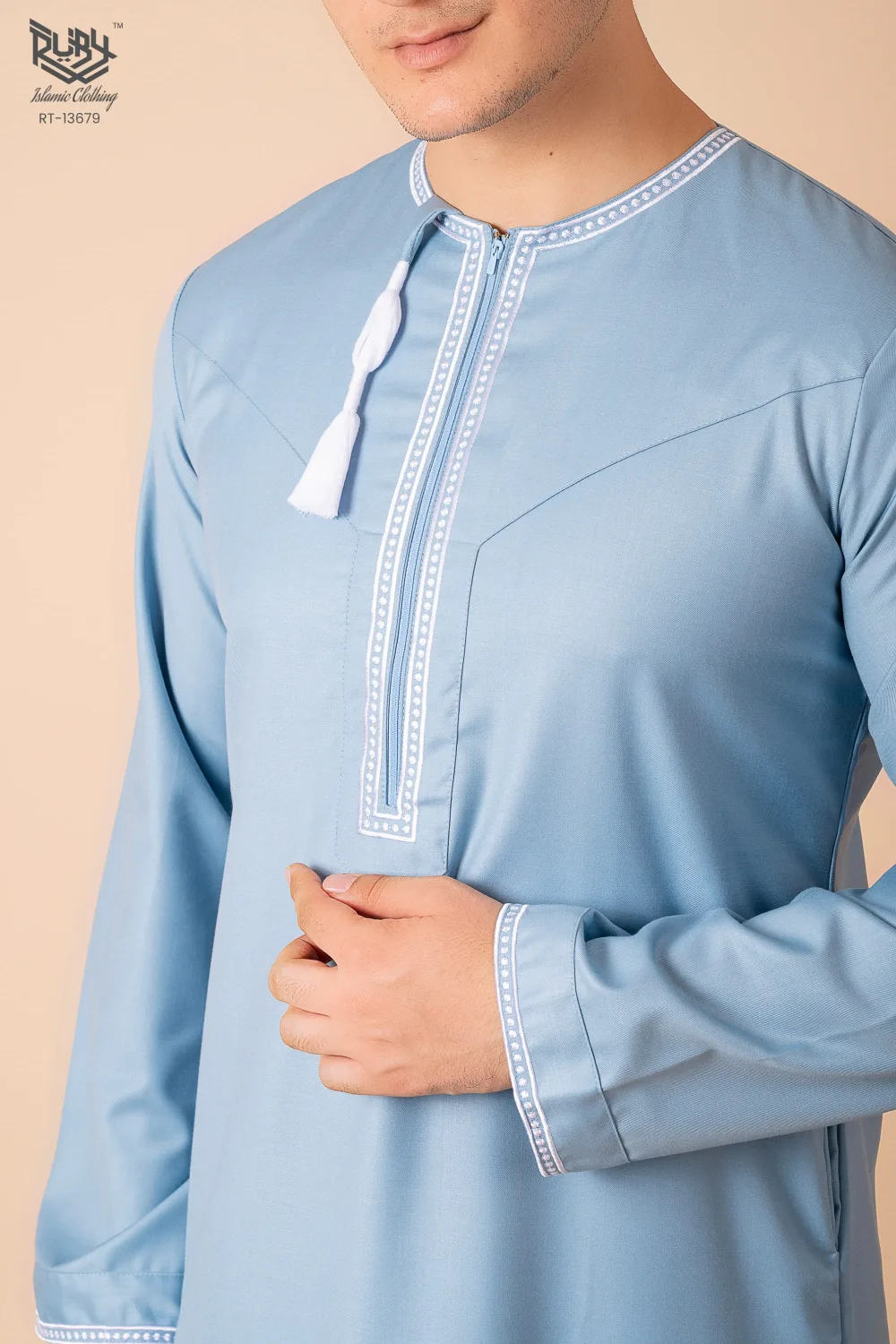 Light Sky Blue Omani Thobe with White Loop Embroidery & Tassel - Image 5 - Ruby Online