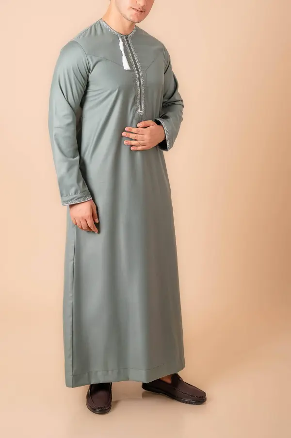 Sage Green Omani Thobe with Beige Geometric Embroidery & Tassel - Image 3 - Ruby Online