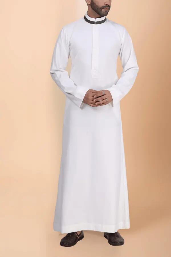 Off-White Thobe with Tonal Embroidery Strip & Contrast Band Collar - Image 2 - Ruby Online