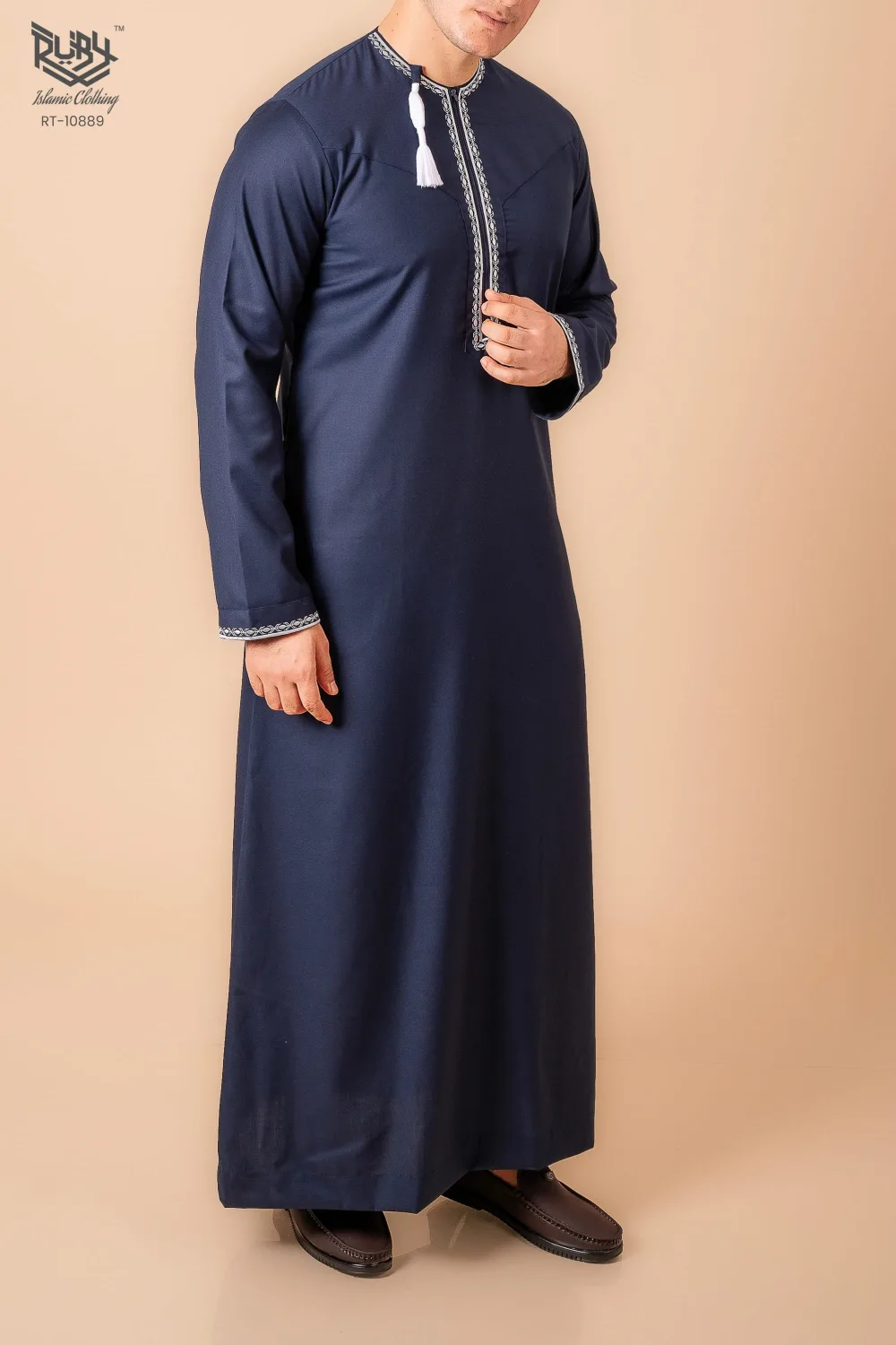 Navy Blue Omani Thobe with silver grey Geometric Embroidery & Tassel - Image 4 - Ruby Online